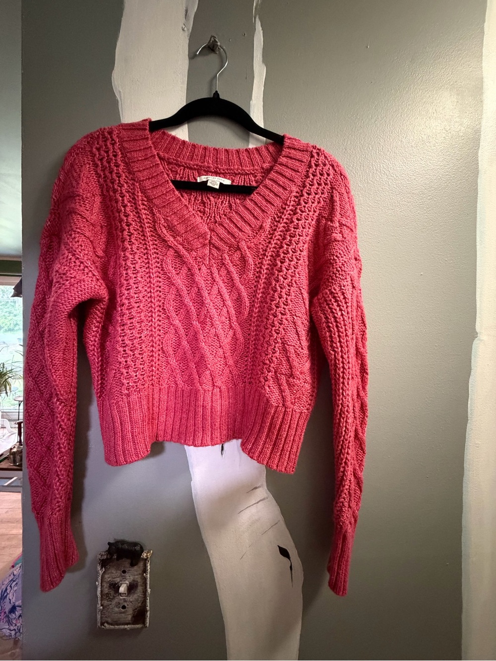 American Eagle Outfitters Pink Cable V-Neck Sweater